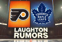 Toronto Maple Leafs and Philadelphia Flyers logos with the words Laughton Rumors below the logos