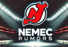 New Jersey Devils logo with the words Simon Nemec rumors below the logo