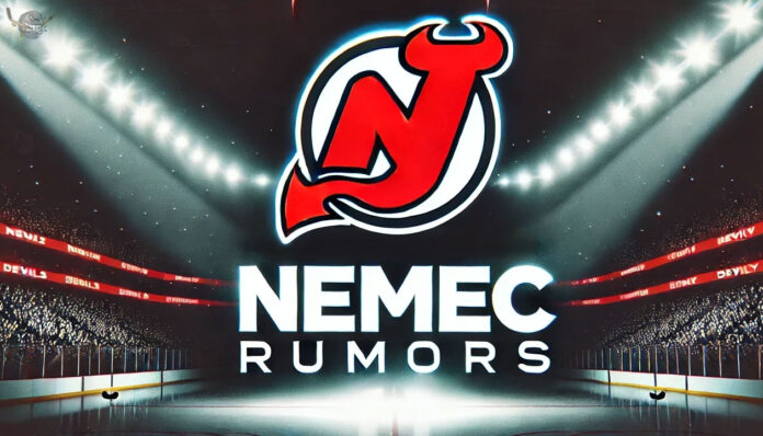 A Potential Trade Piece? New Jersey Devils logo with the words Simon Nemec rumors below the logo
