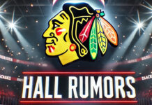 Chicago Blackhawks logo with the words Hall Rumors below the logo