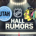 Utah Hockey Club and Chicago Blackhawks logos side-by-side with the words Hall Rumors below the logos