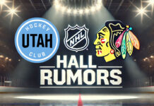 Utah Hockey Club and Chicago Blackhawks logos side-by-side with the words Hall Rumors below the logos