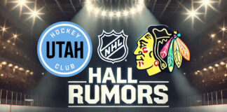 Utah Hockey Club and Chicago Blackhawks logos side-by-side with the words Hall Rumors below the logos