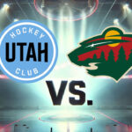 Utah Hockey Club and Minnesota Wild logos with the word vs. between the logos.