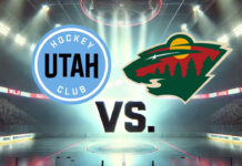 Utah Hockey Club and Minnesota Wild logos with the word vs. between the logos.