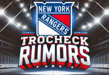 New York Rangers logo with the words Trocheck rumors below the logo