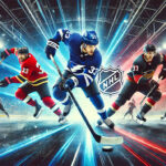 A dynamic widescreen image showcasing different NHL playing styles. A fast-skating forward in a blue jersey speeds down the ice with the puck, a defensive player in a red jersey blocks a shot, and a physical player in a black jersey delivers a strong body check against the boards. The background features an energetic hockey arena with bright lights and cheering fans.