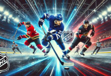 A dynamic widescreen image showcasing different NHL playing styles. A fast-skating forward in a blue jersey speeds down the ice with the puck, a defensive player in a red jersey blocks a shot, and a physical player in a black jersey delivers a strong body check against the boards. The background features an energetic hockey arena with bright lights and cheering fans.