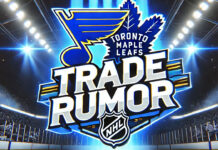 St. Louis Blues and Toronto Maple Leafs logos with the words trade rumor below the logos