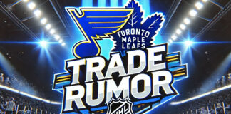 St. Louis Blues and Toronto Maple Leafs logos with the words trade rumor below the logos