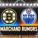 Boston Bruins and Edmonton Oilers logos with the words Marchand rumors below the logos