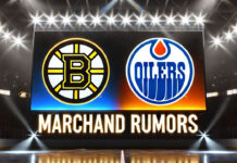 Boston Bruins and Edmonton Oilers logos with the words Marchand rumors below the logos