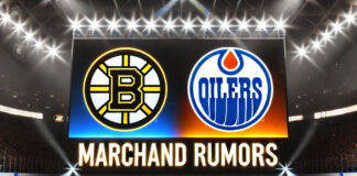 Boston Bruins and Edmonton Oilers logos with the words Marchand rumors below the logos