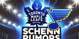 Toronto Maple Leafs and St. Louis Blues logos with the words Schenn rumors below the logos