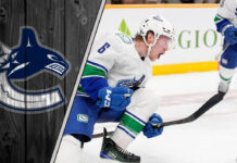 Brock Boeser skating for the Vancouver Canucks, celebrating a goal