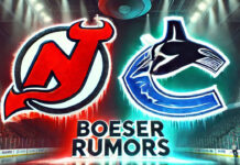 New Jersey Devils and Vancouver Canucks logos with the words Boeser rumors below the logos