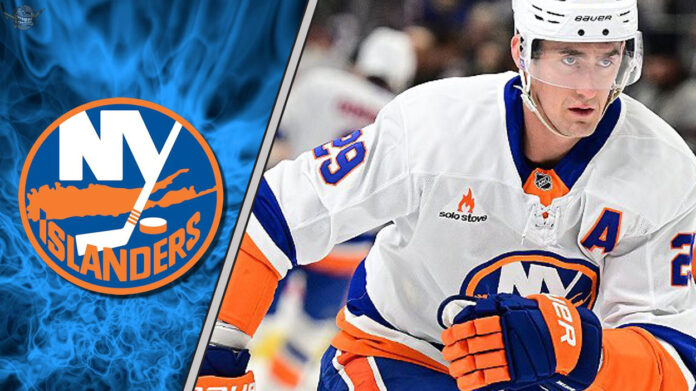 Brock Nelson in New York Islanders jersey, looking focused on the ice