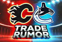 Calgary Flames and Vancouver Canucks logos with the words trade rumor below the logos