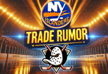 New York Islanders and Anaheim Ducks logo with the words trade rumor between the logos