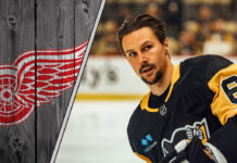 Erik Karlsson in a Pittsburgh Penguins jersey, with the Red Wings logo to the left, highlighting NHL trade rumors.