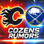 Calgary Flames and Buffalo Sabres logos with the words Cozens rumors below the logo