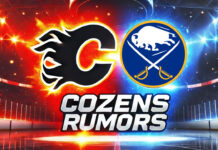Calgary Flames and Buffalo Sabres logos with the words Cozens rumors below the logo