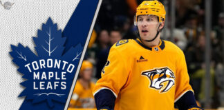Luke Schenn in Nashville Predators jersey, with Maple Leafs logo overlay, indicating potential trade rumors.