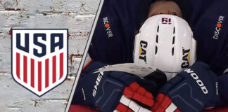 Matthew Tkachuk having his head down on the Team USA bench in pain from groin injury.