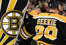 Boston Bruins forward Morgan Geekie celebrating a goal with Bruins teammates