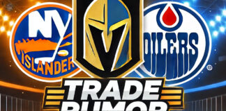 New York Islanders, Vegas Golden Knights, and Edmonton Oilers logos with the words trade rumor below the logos