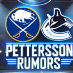 Buffalo Sabres and Vancouver Canucks logos with the words Pettersson rumors below the logos