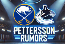 Buffalo Sabres and Vancouver Canucks logos with the words Pettersson rumors below the logos