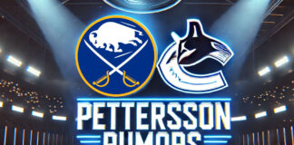 Buffalo Sabres and Vancouver Canucks logos with the words Pettersson rumors below the logos
