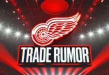 Detroit Red Wings logo with the words trade rumor below the logo