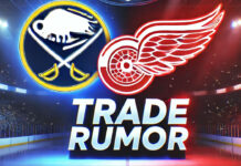 Buffalo Sabres & Detroit Red Wings logos with the words trade rumor below the logos