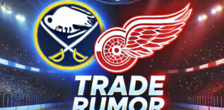 Buffalo Sabres & Detroit Red Wings logos with the words trade rumor below the logos