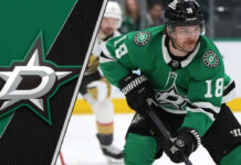 Sam Steel skating with the puck for the Dallas Stars