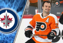 Scott Laughton, Philadelphia Flyers forward, skating on the ice.