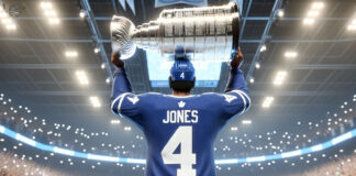 Seth Jones in a Toronto Maple Leafs jersey holding the Stanley Cup above his head