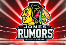 Chicago Blackhawks logo with the words Jones rumors below the logo