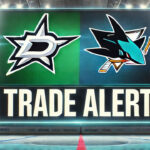 Dallas Stars and San Jose Sharks logos with the words trade alert below the logos