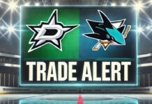 Dallas Stars and San Jose Sharks logos with the words trade alert below the logos