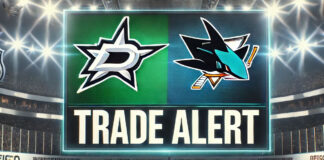 Dallas Stars and San Jose Sharks logos with the words trade alert below the logos