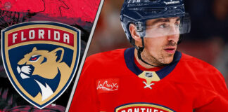Brad Marchand shocked expression, Bruins jersey fading into Panthers jersey, illustrating the unexpected trade.