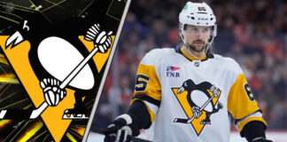 Erik Karlsson on the ice during an NHL game, wearing a Pittsburgh Penguins jersey