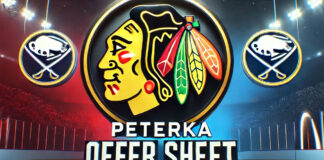 Chicago Blackhawks and Buffalo Sabres logos with the words Peterka offer sheet below the logos