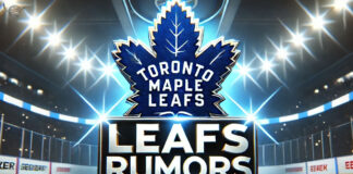 Toronto Maple Leafs logo with blurred background of NHL trade deadline activity