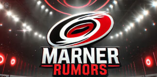 Carolina Hurricanes logo with the words Marner rumors below the logo