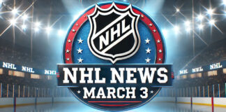 NHL logo with the words NHL news March 3 below the logo