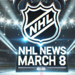 NHL News March 8, 2025: Game Results, Trades, and Playoff Race Updates NHL logo with the words NHL news March 8 below the logo